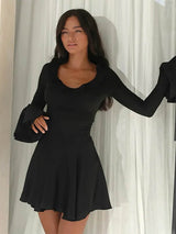 Long Sleeve Solid V-Neck Ruffles A-line Mini Dress - Rown