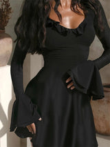 Long Sleeve Solid V-Neck Ruffles A-line Mini Dress - Rown