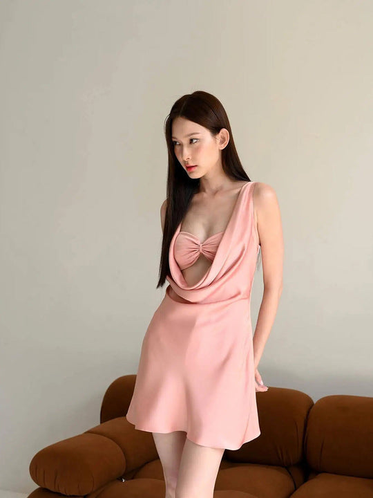 Luxury Satin Deep V-Neck Slip Solid Mini Dress Rown