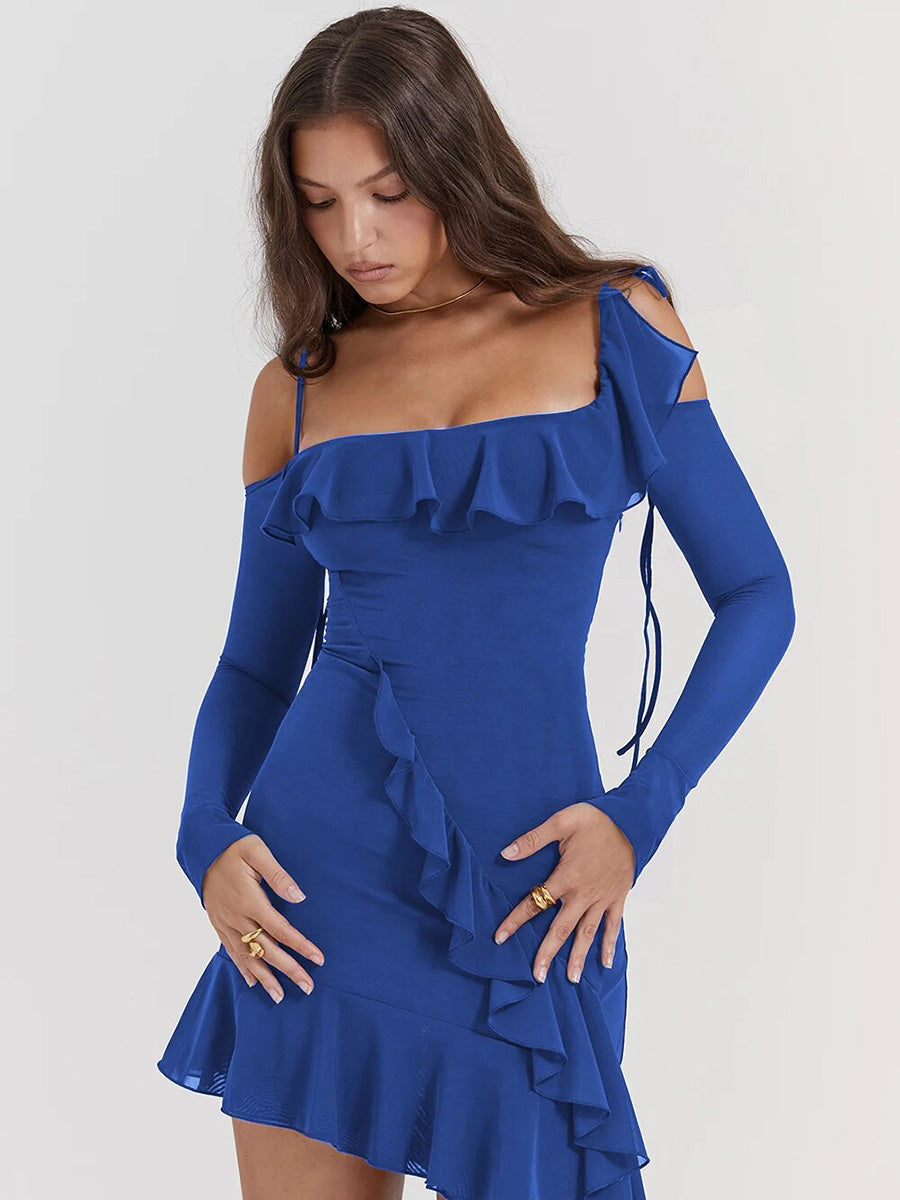 Mesh Ruffles Backless Long Sleeve Mini Dress Rown