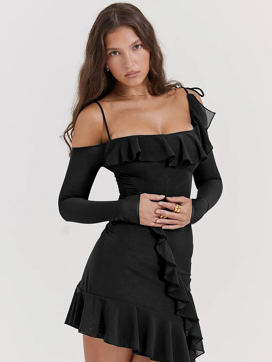 Mesh Ruffles Backless Long Sleeve Mini Dress Rown