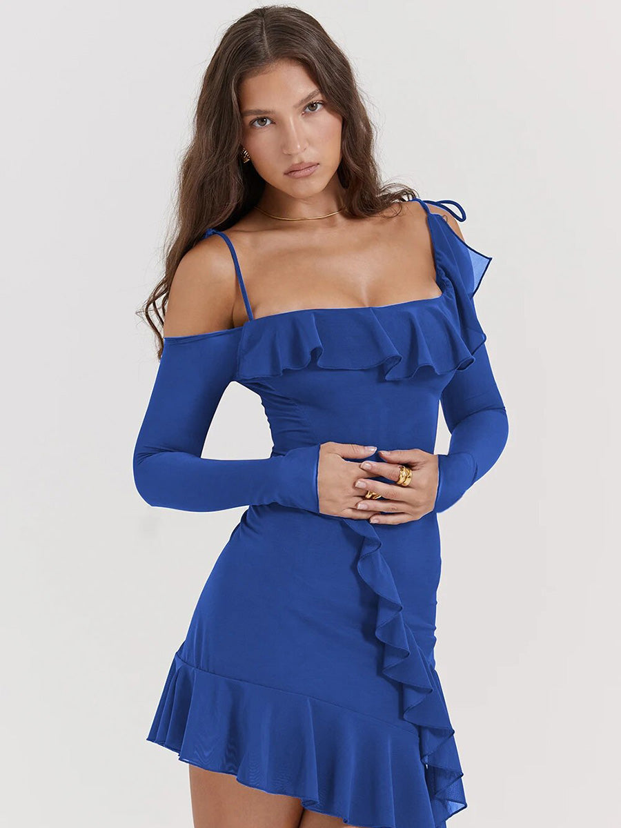 Mesh Ruffles Backless Long Sleeve Mini Dress Rown