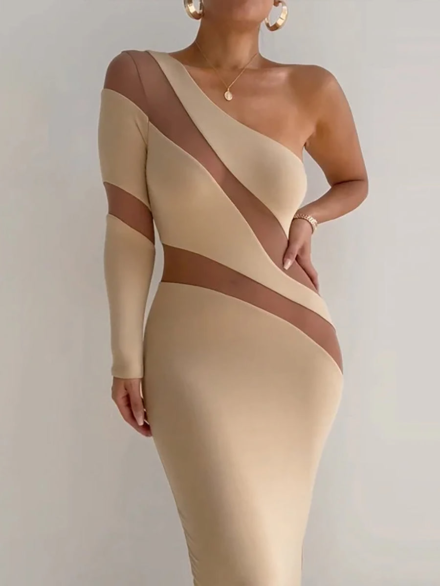 Mesh See Through Patchwork Midi Dress Rown