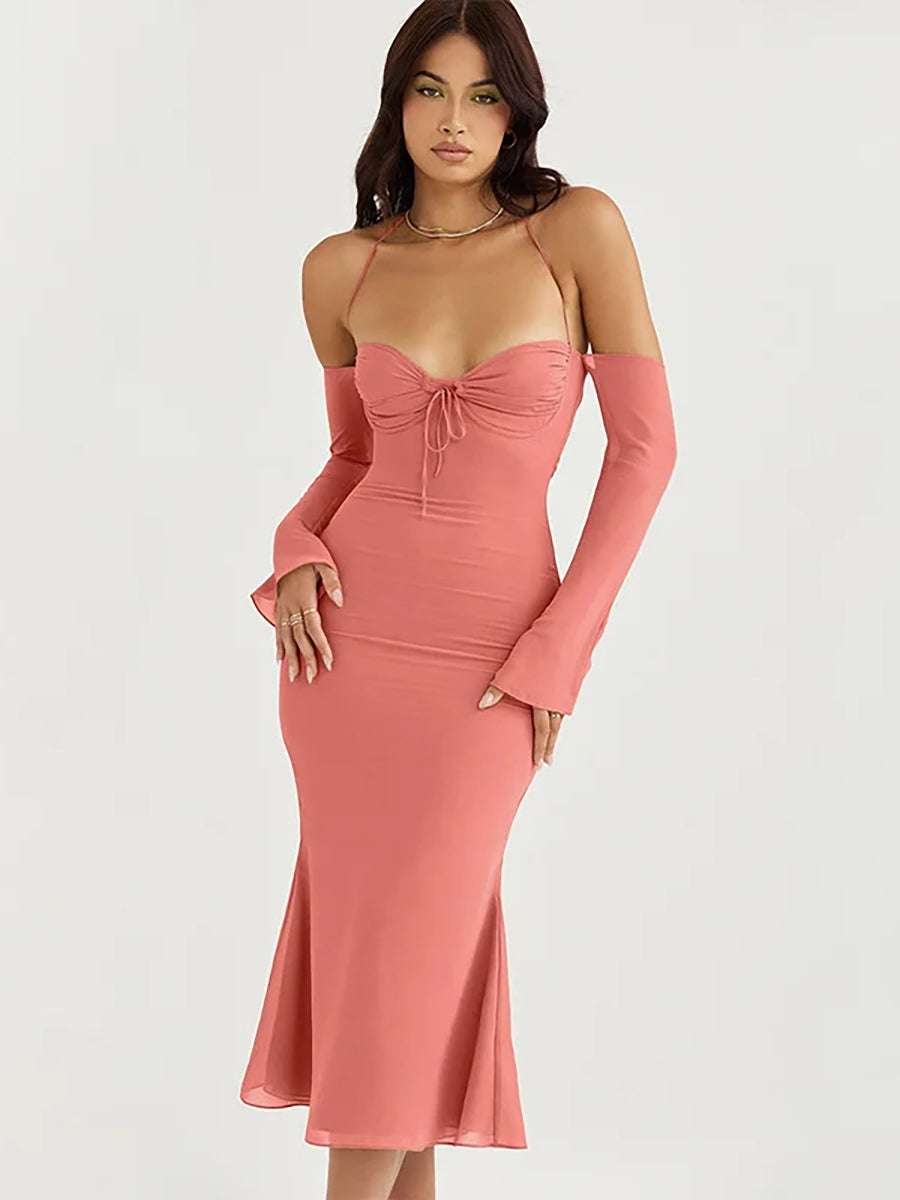 Mesh Strapless Off-shoulder Lace Up Midi Dress Rown