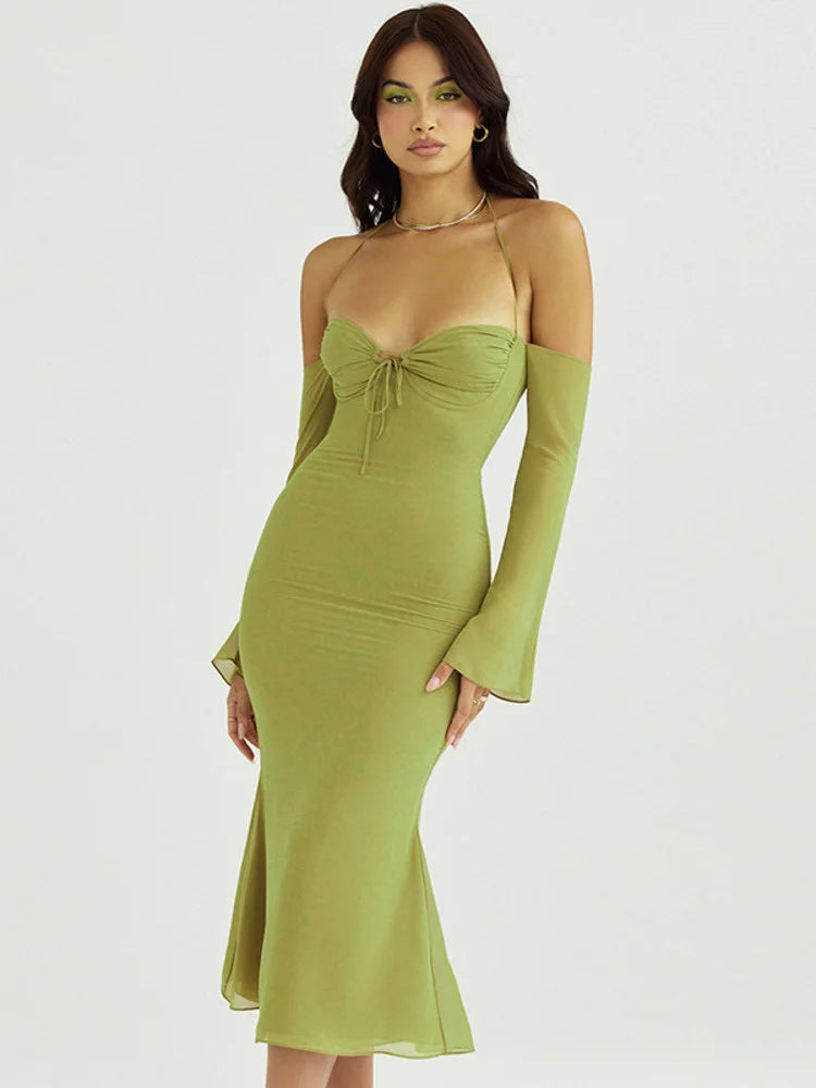 Mesh Strapless Off-shoulder Lace Up Midi Dress Rown