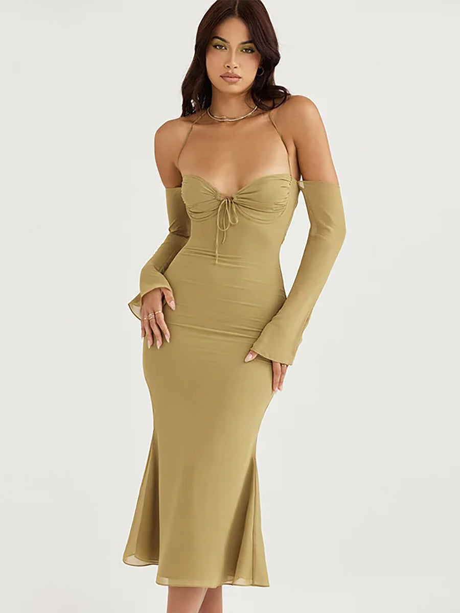 Mesh Strapless Off-shoulder Lace Up Midi Dress Rown