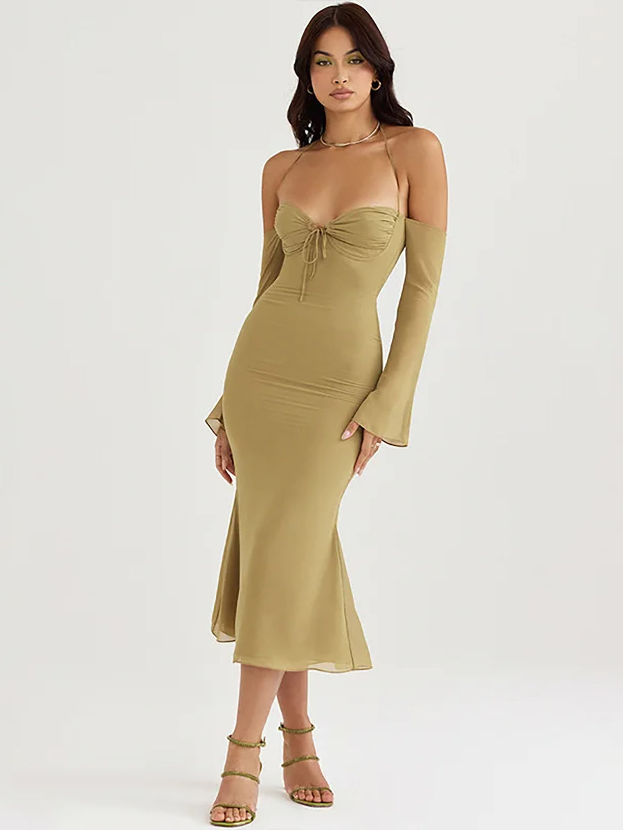 Mesh Strapless Off-shoulder Lace Up Midi Dress Rown