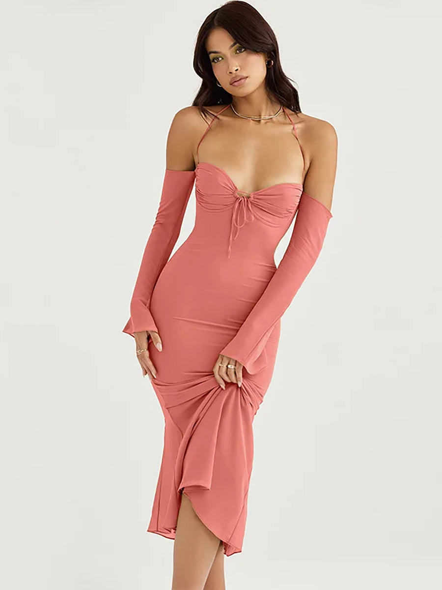 Mesh Strapless Off-shoulder Lace Up Midi Dress Rown