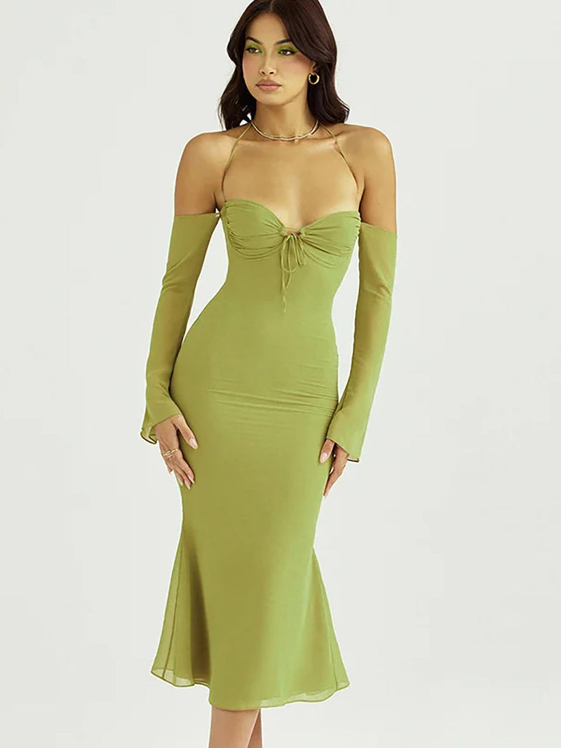 Mesh Strapless Off-shoulder Lace Up Midi Dress Rown