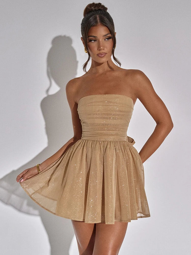 Mesh Strapless Sparkle Backless Bow Pleated Mini Dress Rown