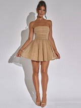 Mesh Strapless Sparkle Backless Bow Pleated Mini Dress Rown