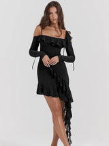 Mesh Ruffles Backless Long Sleeve Mini Dress - Rown