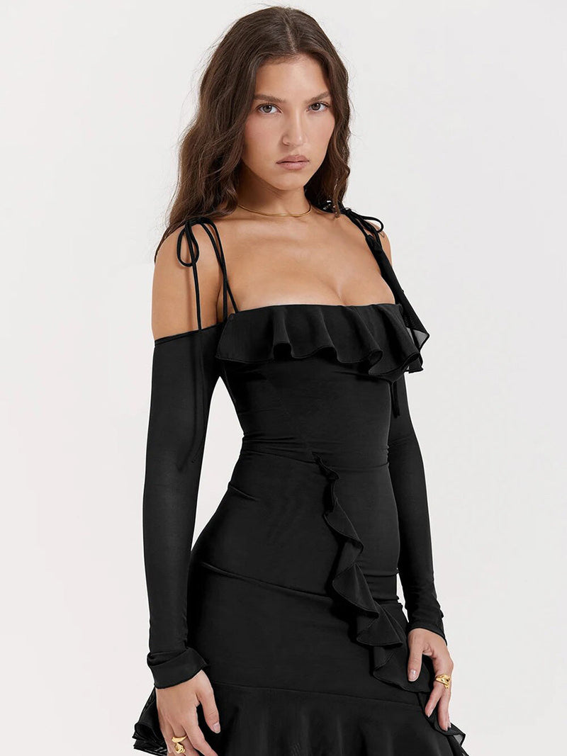 Mesh Ruffles Backless Long Sleeve Mini Dress - Rown