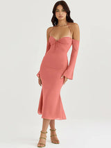 Mesh Strapless Off-shoulder Lace Up Midi Dress - Rown