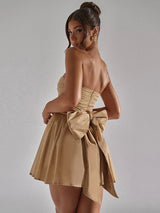 Mesh Strapless Sparkle Backless Bow Pleated Mini Dress - Rown