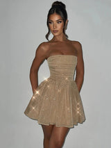 Mesh Strapless Sparkle Backless Bow Pleated Mini Dress - Rown