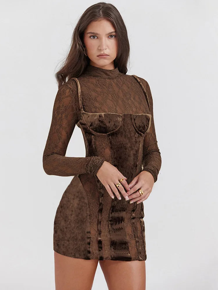 O-Neck Lace Long Sleeve Mini Dress Rown