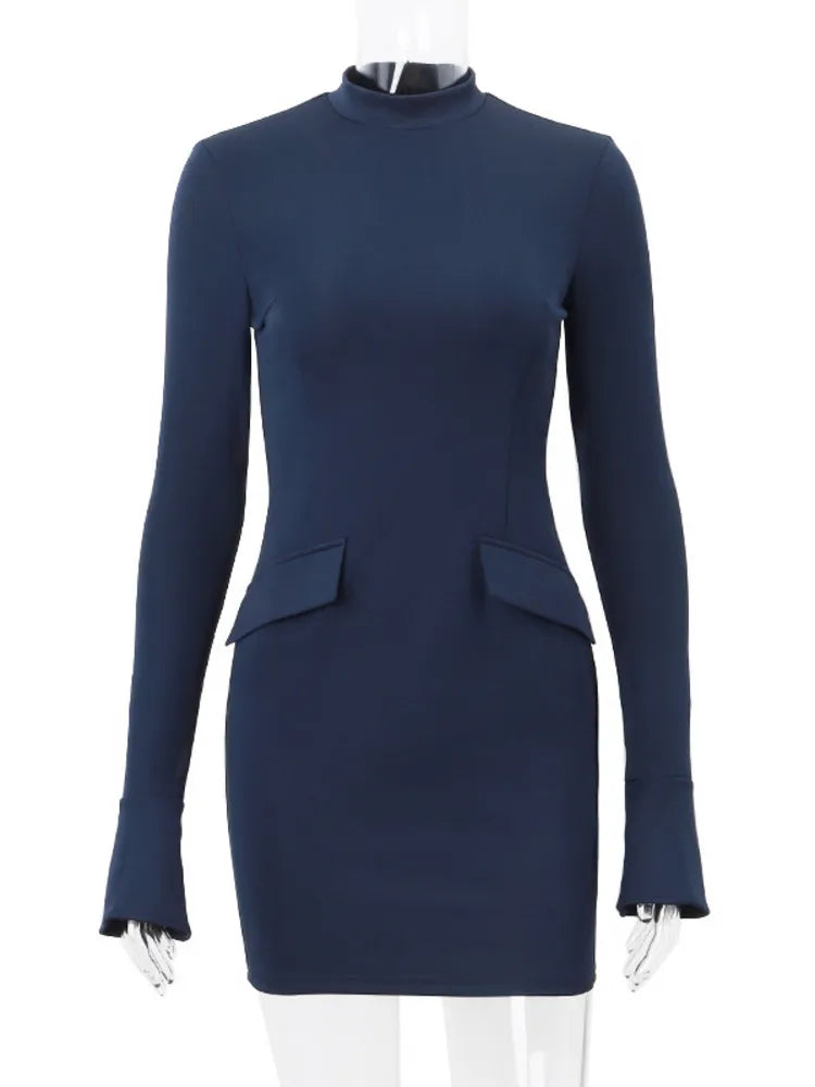 O-Neck Long Sleeve Blue Sexy Mini Dress Rown