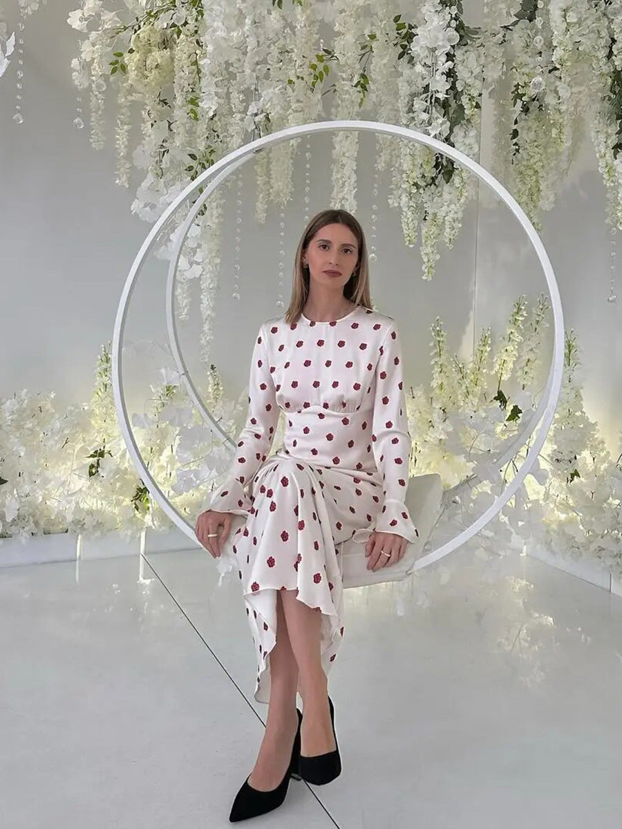 O-Neck Long Sleeve Floral Print Satin Bodycon Maxi Dress Rown