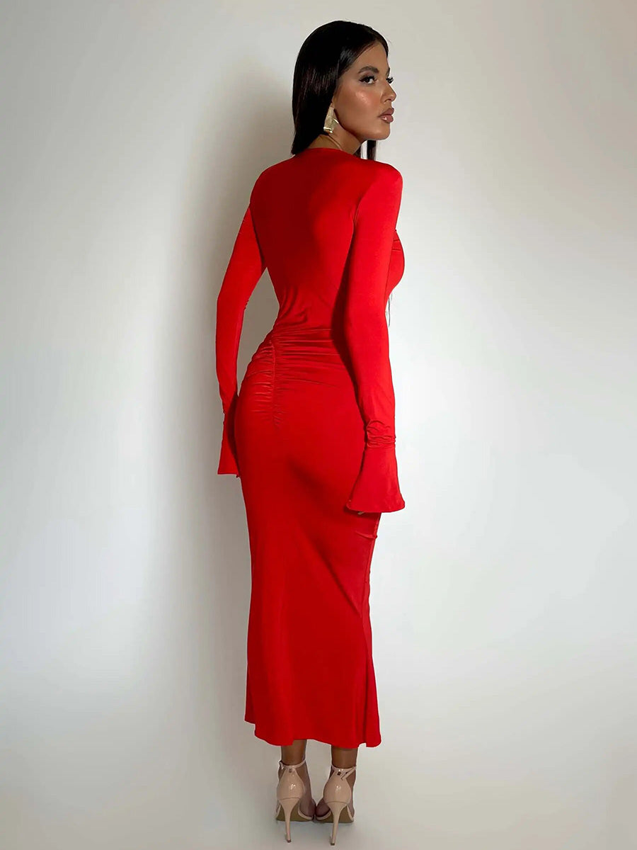 O-Neck Long Sleeve Hollow Out Maxi Dress Rown