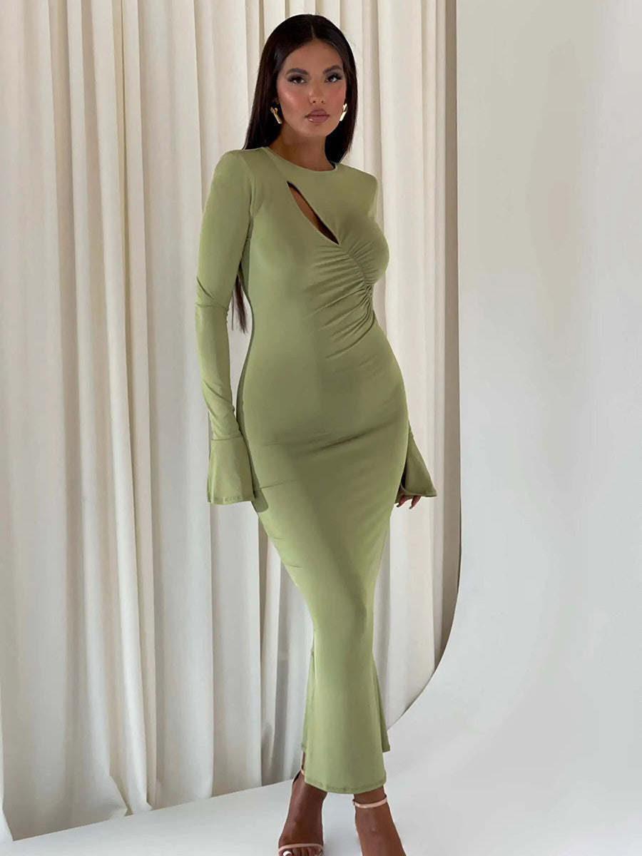 O-Neck Long Sleeve Hollow Out Maxi Dress Rown