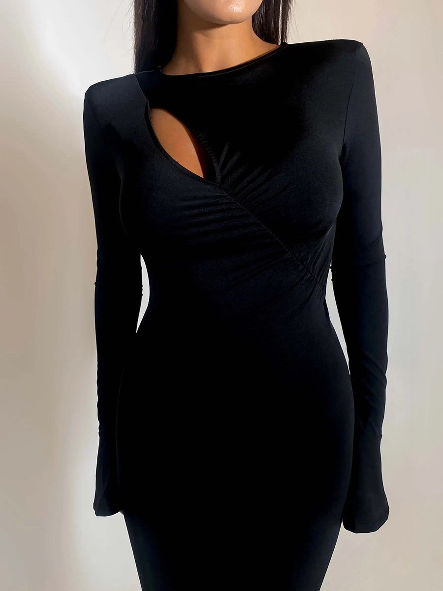 O-Neck Long Sleeve Hollow Out Maxi Dress Rown