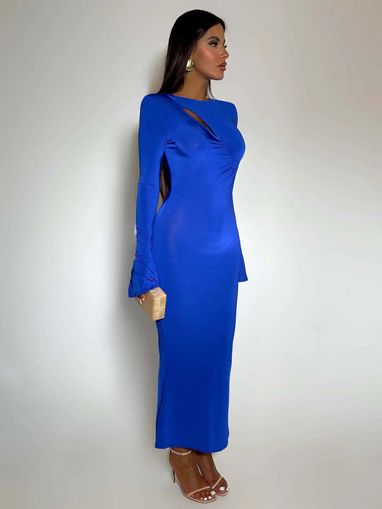 O-Neck Long Sleeve Hollow Out Maxi Dress Rown