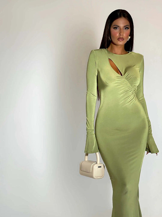 O-Neck Long Sleeve Hollow Out Maxi Dress Rown