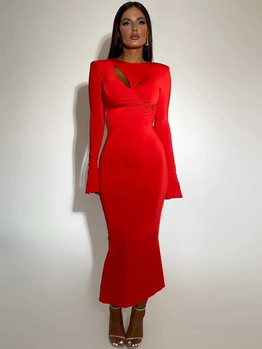 O-Neck Long Sleeve Hollow Out Maxi Dress Rown