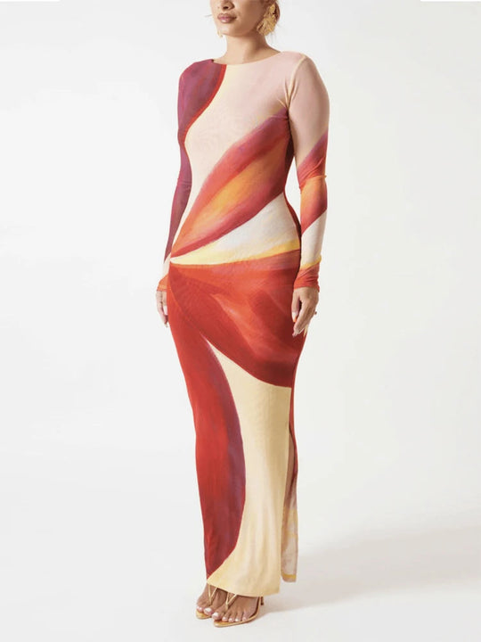 O-Neck Long Sleeve Print Split Maxi Dress Rown