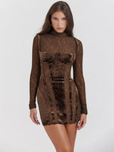 O-Neck Lace Long Sleeve Mini Dress - Rown