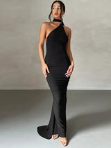 Oblique Shoulder Back Strap Backless Maxi Dress Rown