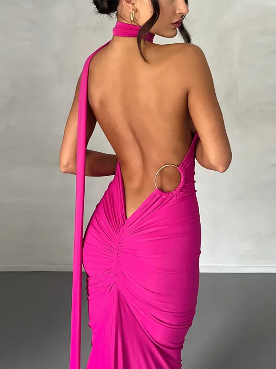 Oblique Shoulder Back Strap Backless Maxi Dress Rown