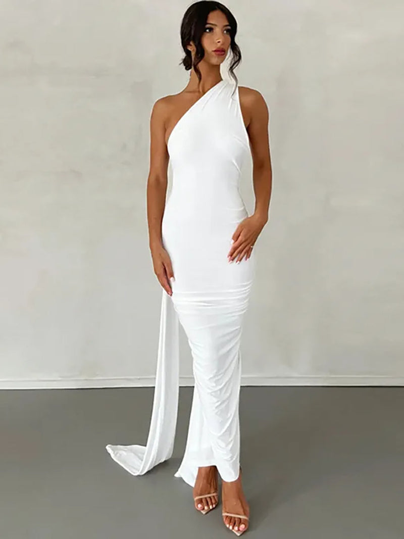 Oblique Shoulder Back Strap Backless Maxi Dress Rown