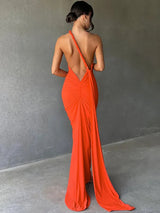 Oblique Shoulder Back Strap Backless Maxi Dress Rown