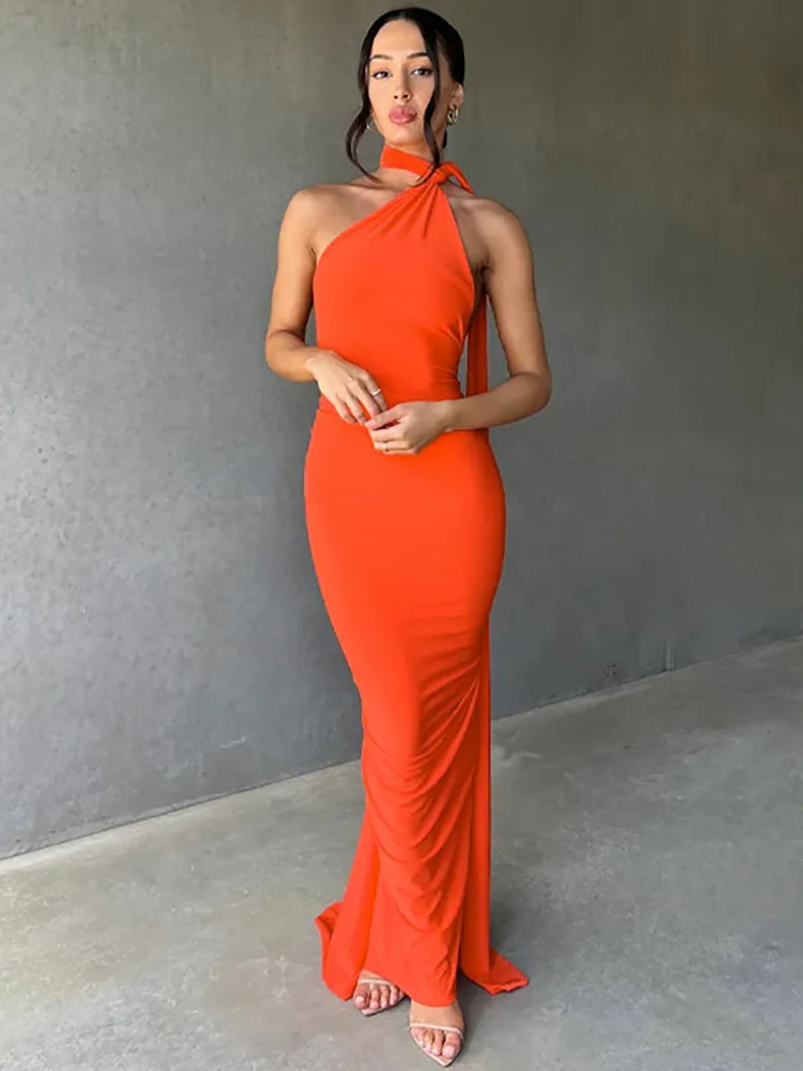 Oblique Shoulder Back Strap Backless Maxi Dress Rown