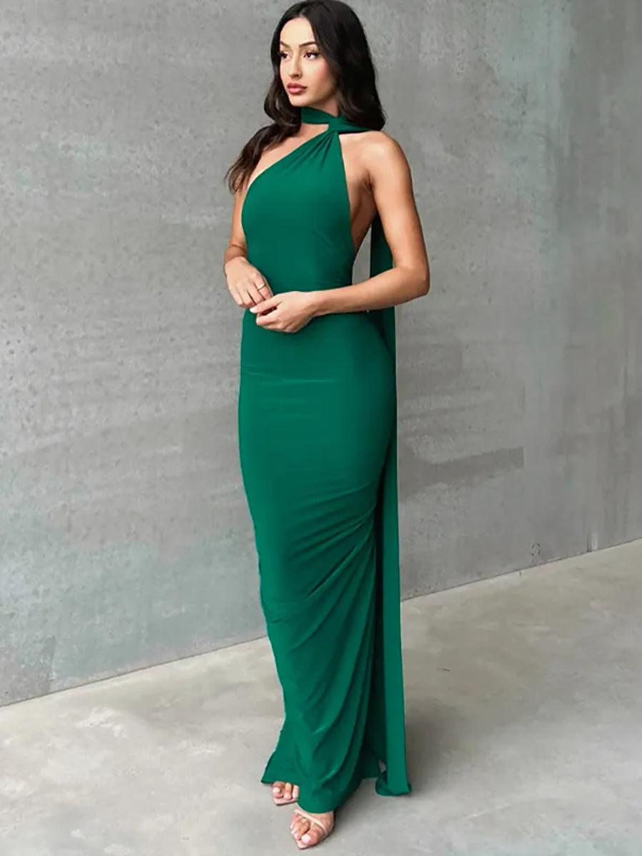 Oblique Shoulder Back Strap Backless Maxi Dress Rown