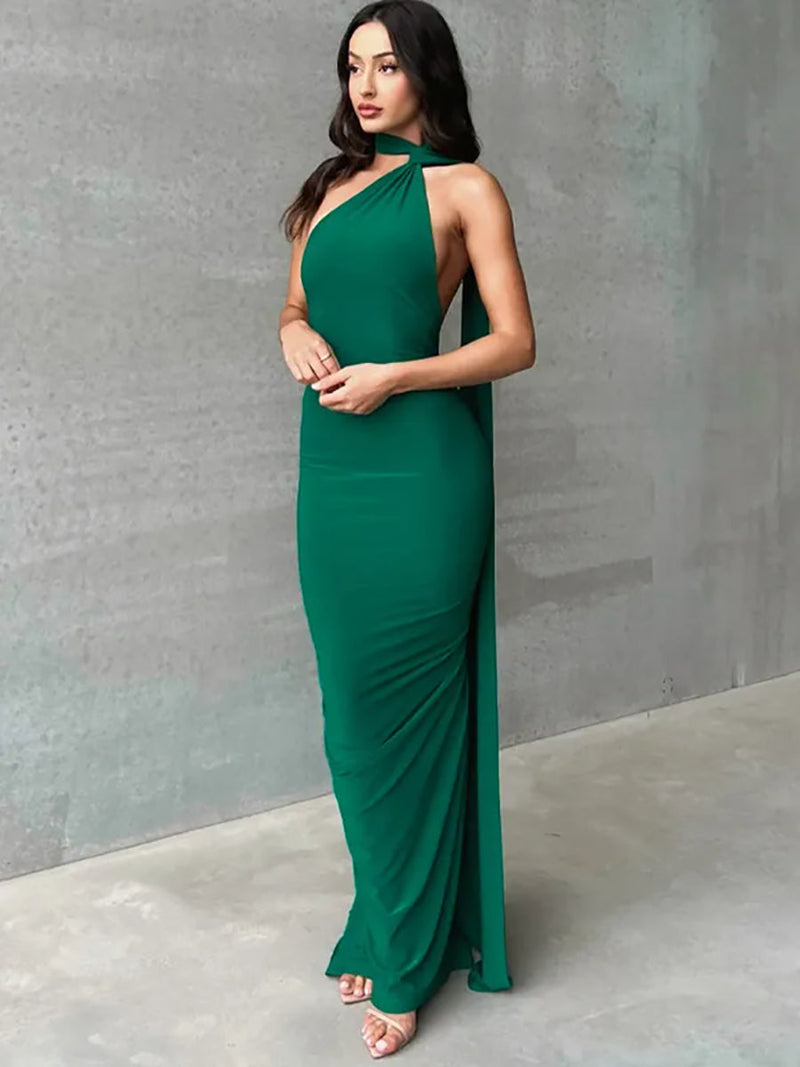 Oblique Shoulder Back Strap Backless Maxi Dress Rown