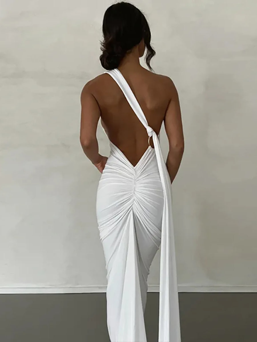 Oblique Shoulder Back Strap Backless Maxi Dress Rown