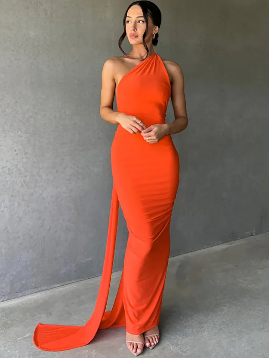 Oblique Shoulder Back Strap Backless Maxi Dress Rown