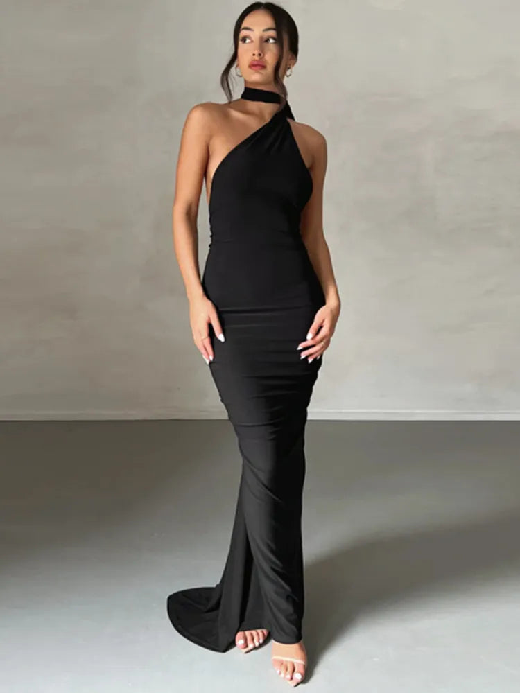 Oblique Shoulder Back Strap Backless Maxi Dress Rown