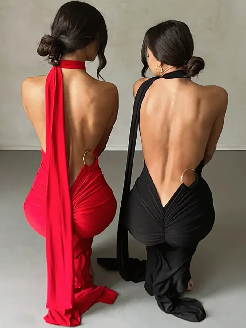Oblique Shoulder Back Strap Backless Maxi Dress Rown