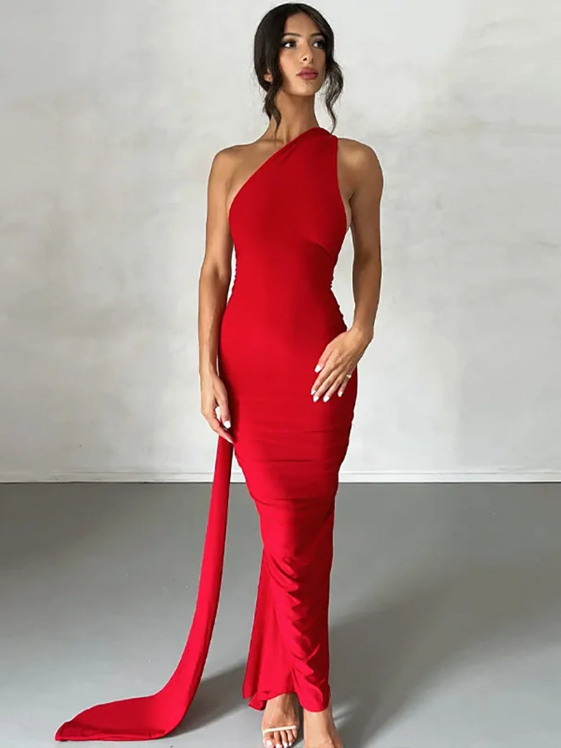 Oblique Shoulder Back Strap Backless Maxi Dress Rown