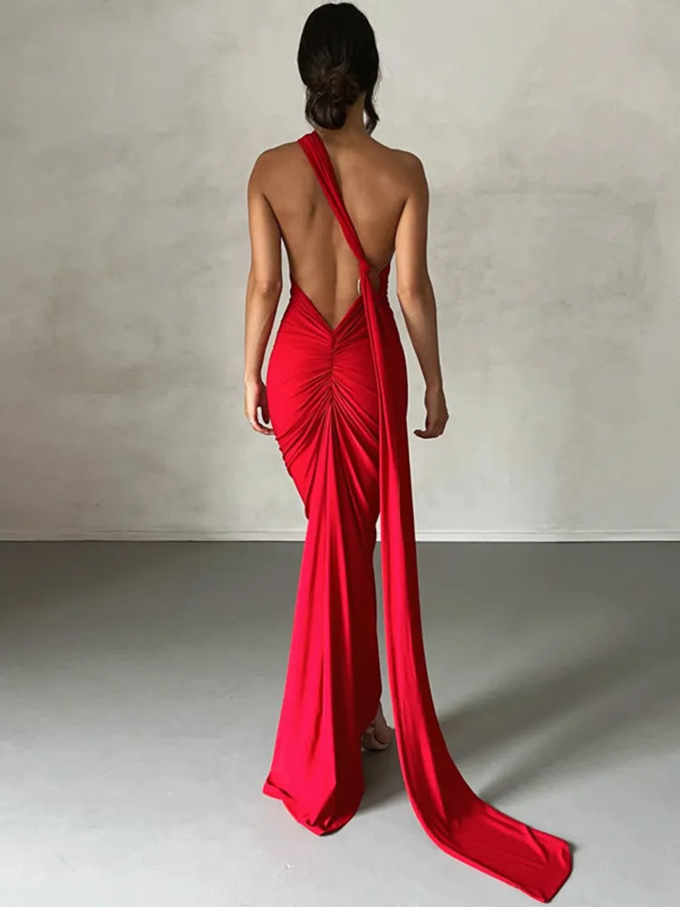 Oblique Shoulder Back Strap Backless Maxi Dress Rown