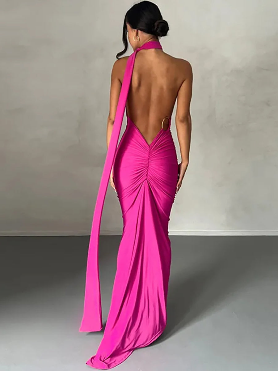 Oblique Shoulder Back Strap Backless Maxi Dress Rown