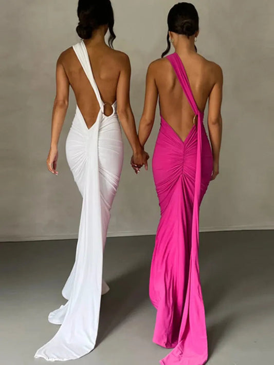 Oblique Shoulder Back Strap Backless Maxi Dress Rown