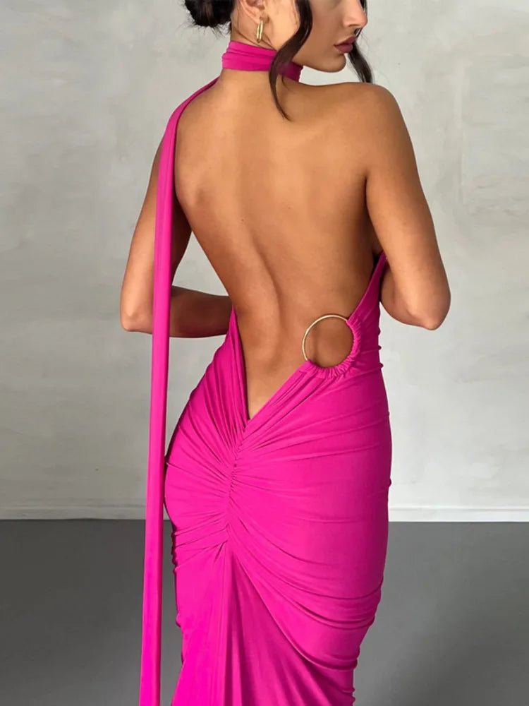 Oblique Shoulder Back Strap Backless Maxi Dress Rown