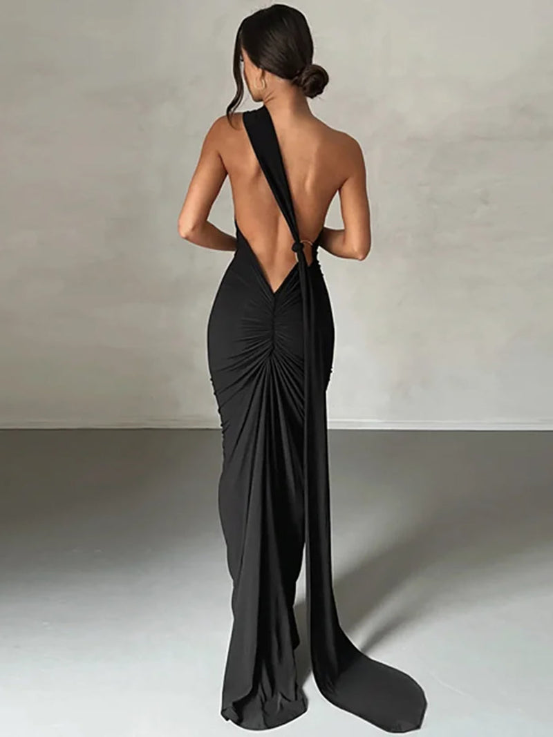 Oblique Shoulder Back Strap Backless Maxi Dress Rown