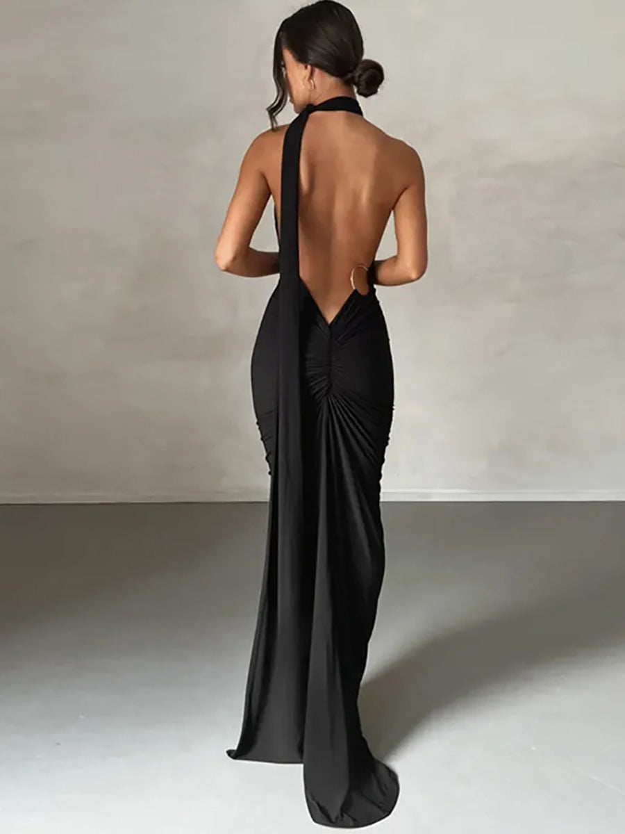 Oblique Shoulder Back Strap Backless Maxi Dress Rown