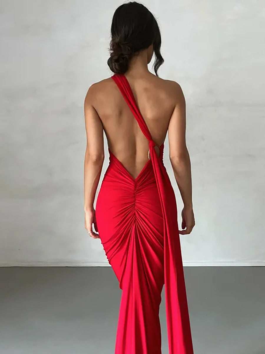 Oblique Shoulder Back Strap Backless Maxi Dress Rown